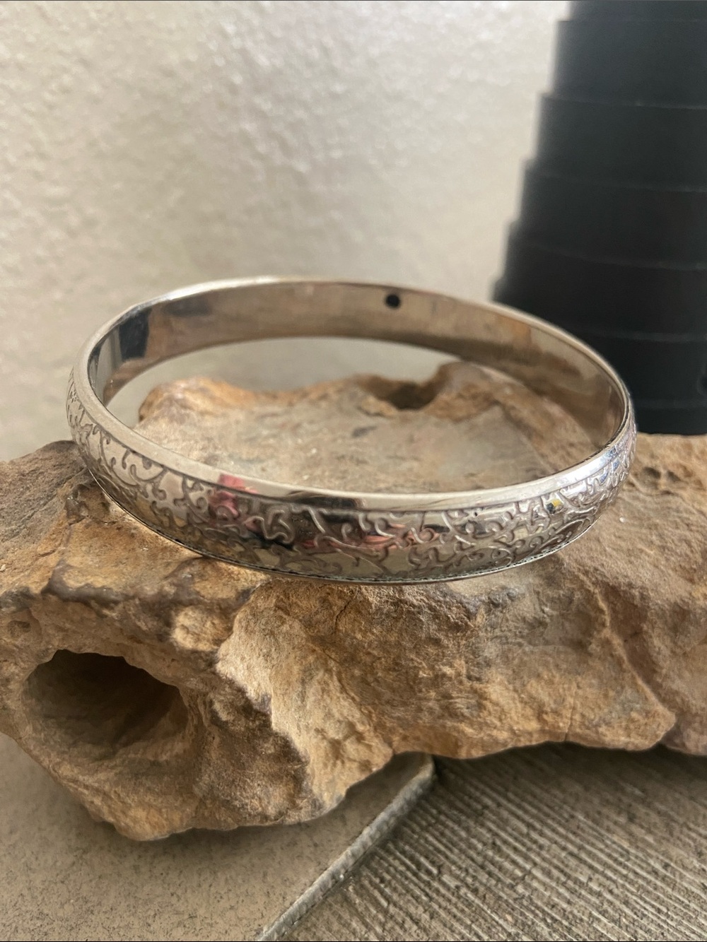 Vintage 40s Etched Sterling Silver Bangle Bracelet